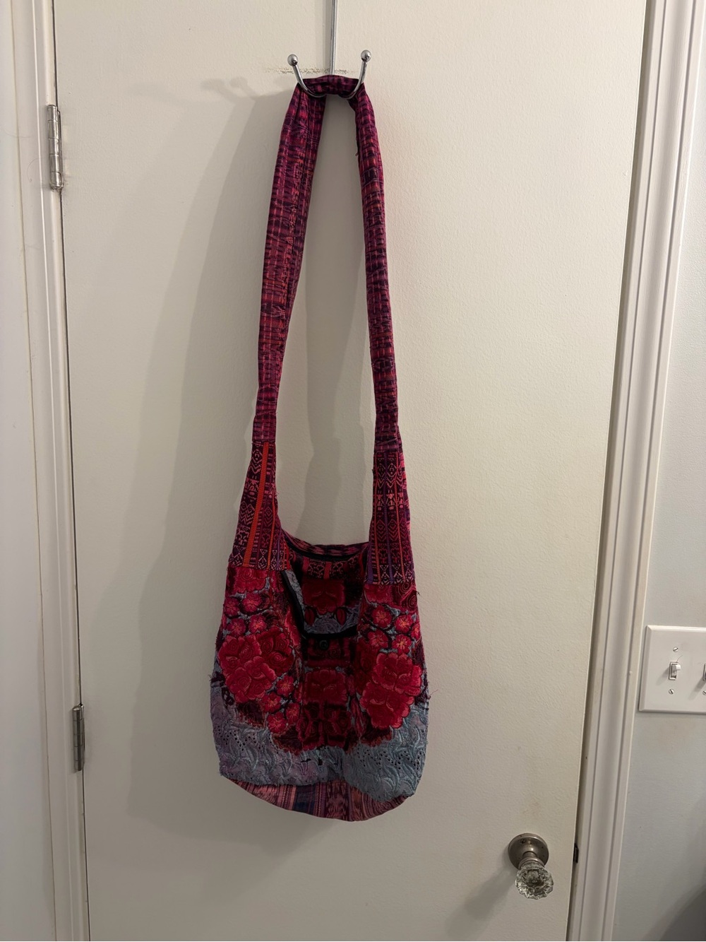 Handwoven Crossbody Tote Bag - Red Pink Floral Made in Guatemala